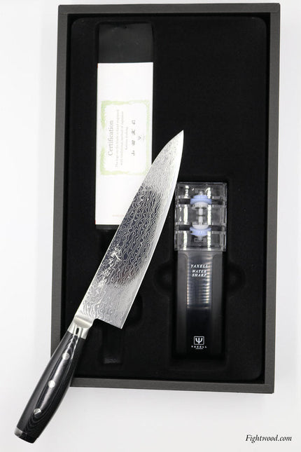 Yaxell Kochmesser-Set Chefmesser GOU 101 + Messerschärfer (Damaszenerklinge)