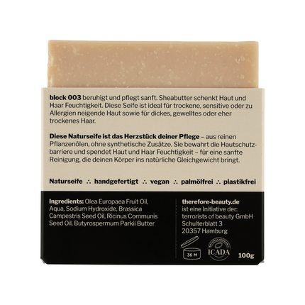 block 003 — schützende Pflegeseife mit Sheabutter | 3‑in‑1 für Gesicht, Körper & Haare